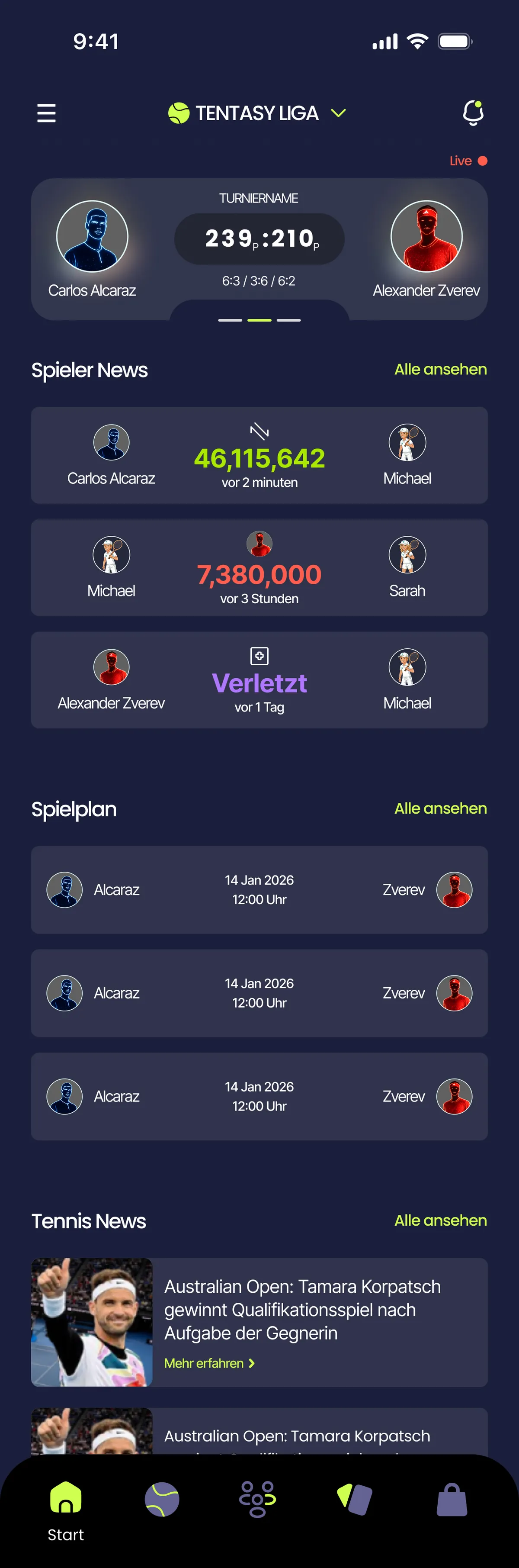 Tentasy Startseite mit Live-Scores und Spieler News